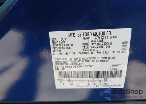 2015 Ford Explorer Xlt из США, поврежденный, VIN 1FM5K8D8XFGC58763